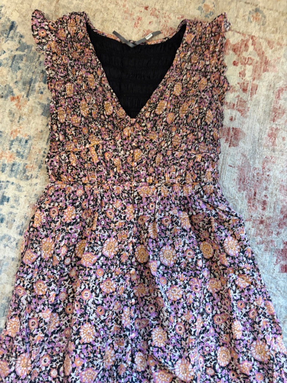 Anthropologie Pink and Mustard Floral Smocked V-Neck Dress